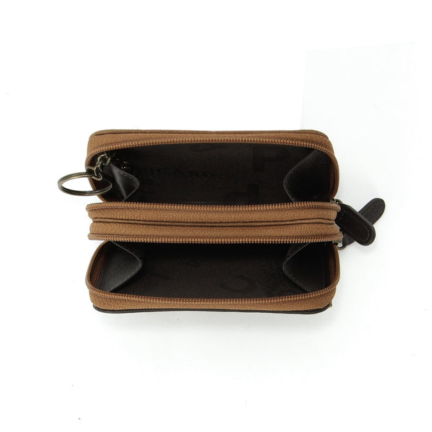 Picard Munich Men's Dual Zippered Compartment Leather Coin  Pouch with Keyring (Tan)