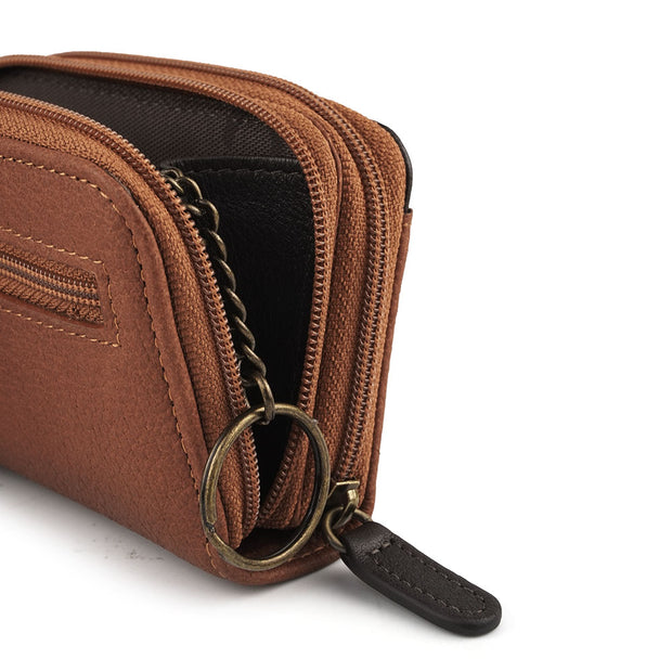 Picard Munich Dual Zippered Compartment Leather Coin  Pouch with Keyring (Tan)