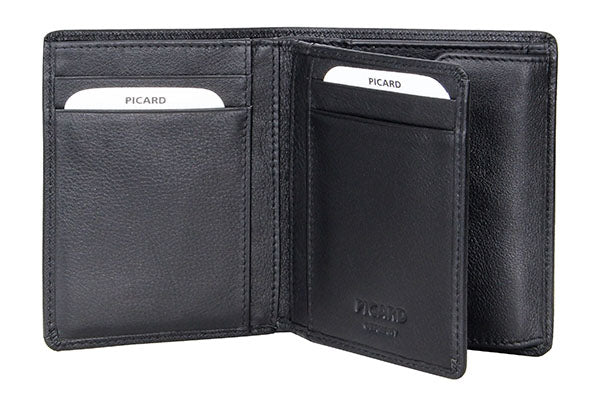 Picard Saffiano Men's Vertical Leather Wallet with Centre Flap and Coin Pouch(Black)